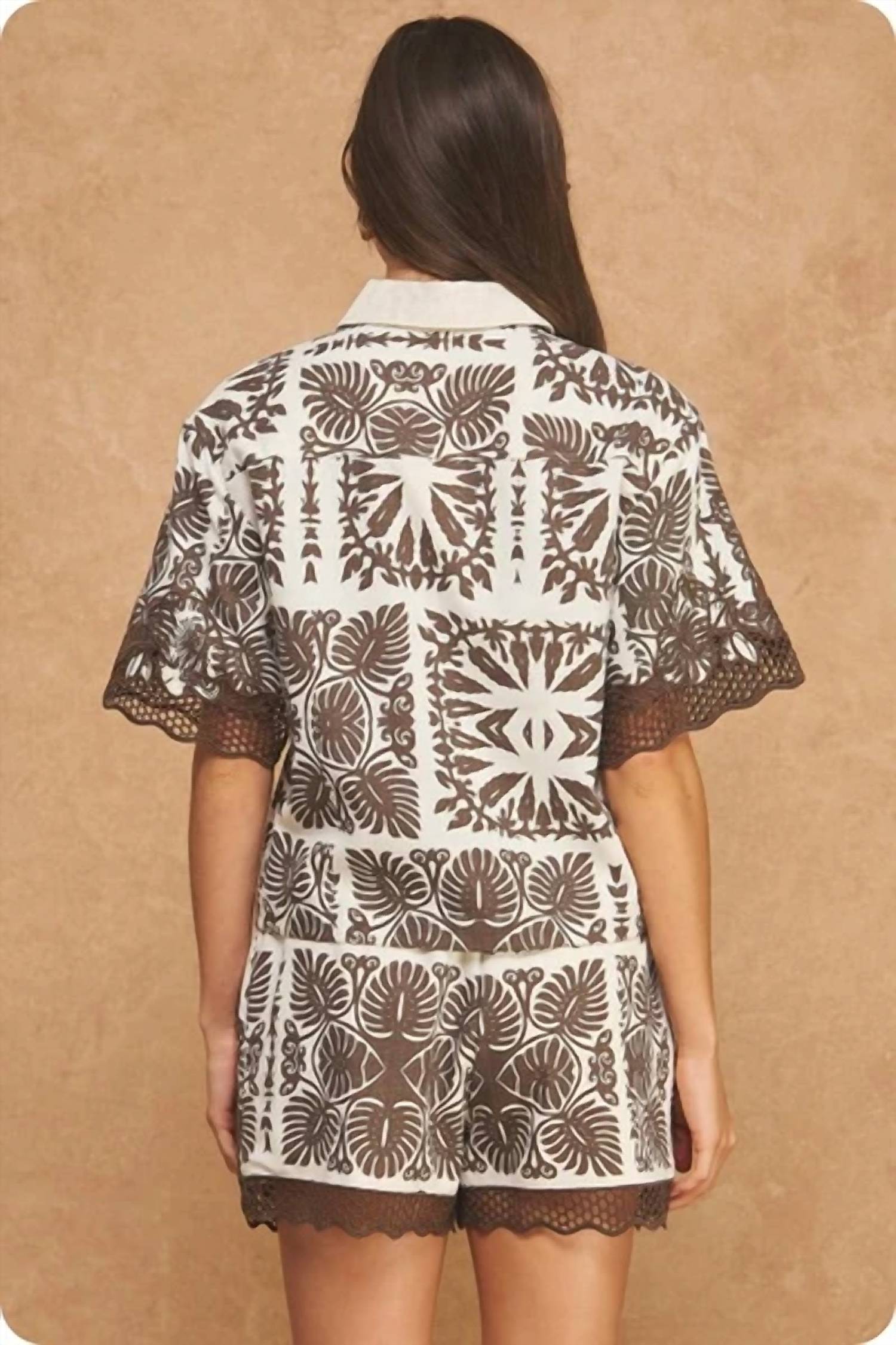 Strut & Bolt - GEOMETRIC LEAF PRINT EMBROIDERED LINEN SHORTS