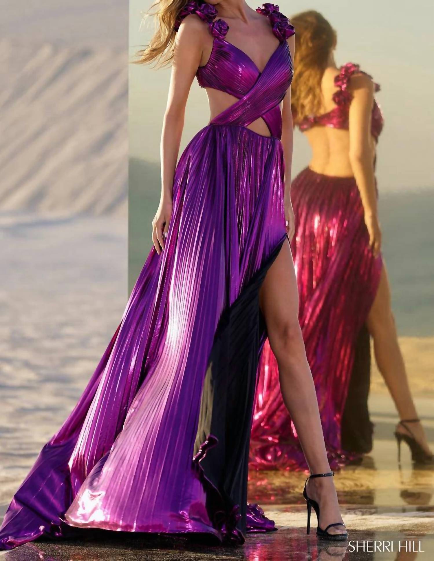 Sherri Hill Pleated Cutout Evening Gown in fuchsia - women's dress