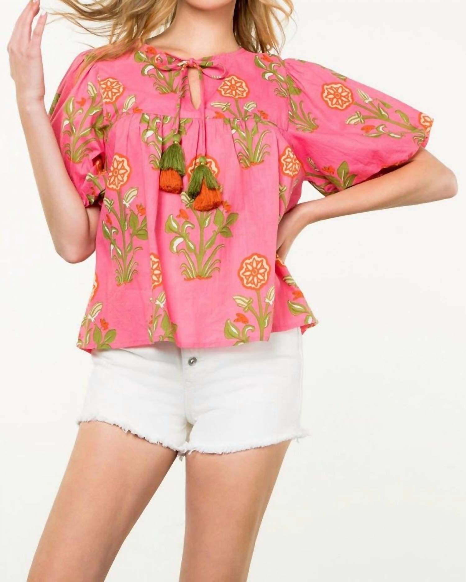 Thml - Puff Sleeve Floral Tassel Tie Top