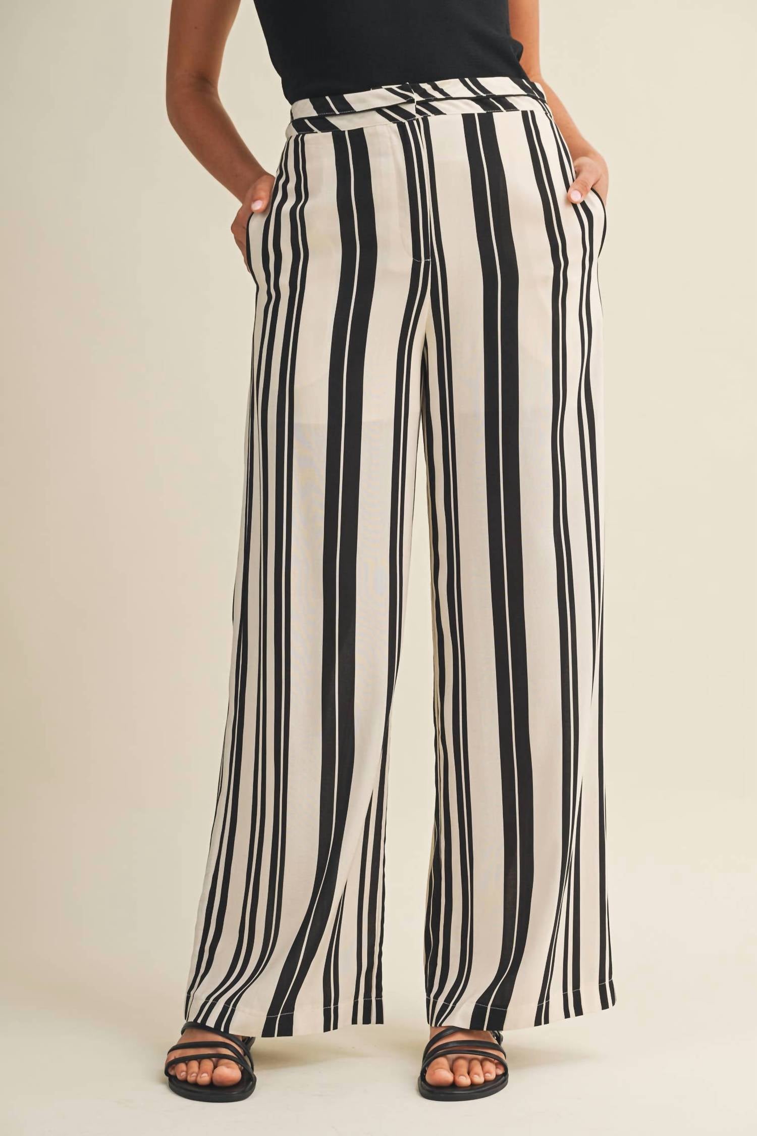 Mustard Seed Striped High Waist Wide Leg Pants in black white - women's pants