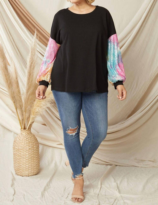 Entro - Solid Waffle Top With Sequin Sleeves - Plus