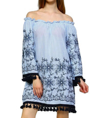 Velzera - Embroidered Off The Shoulder Tassel Mini Dress