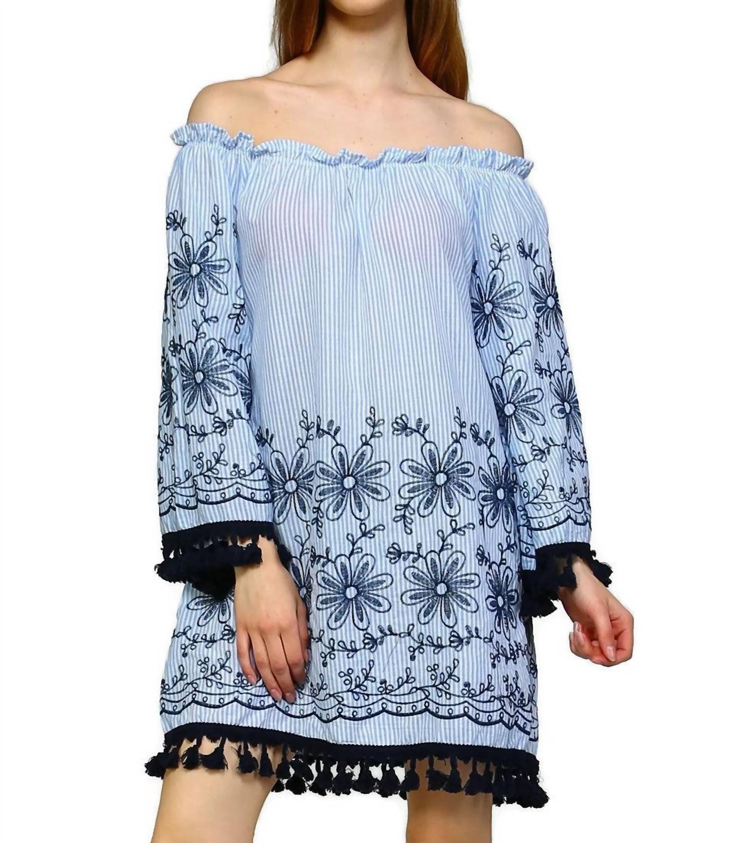 Velzera - Embroidered Off The Shoulder Tassel Mini Dress