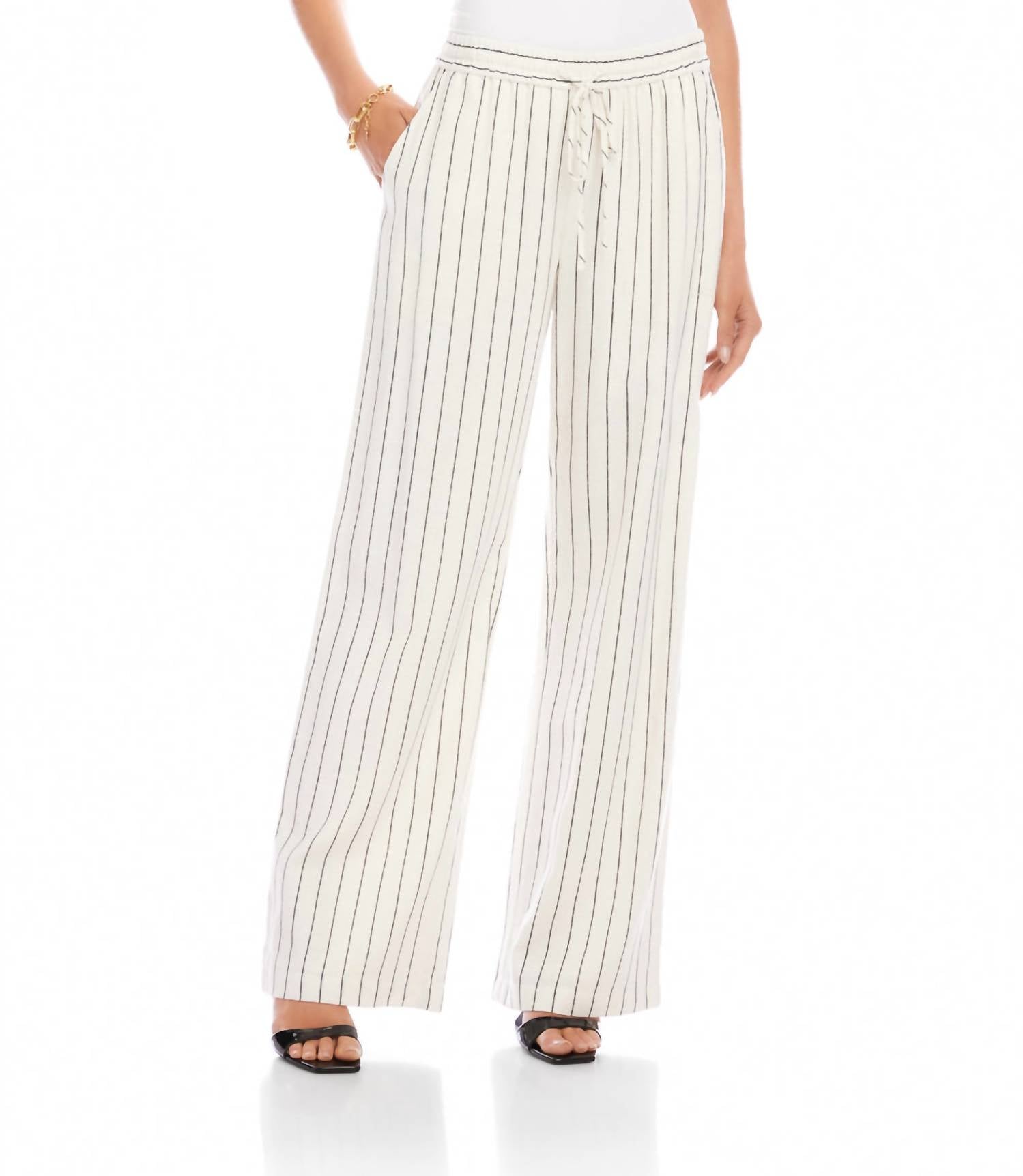 Karen Kane Linen Blend Stripe Drawstring Pants in cream and black - women's pants