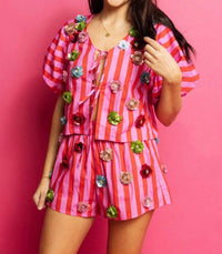 Queen Of Sparkles - Stripe Sequin Flower Cotton Shorts
