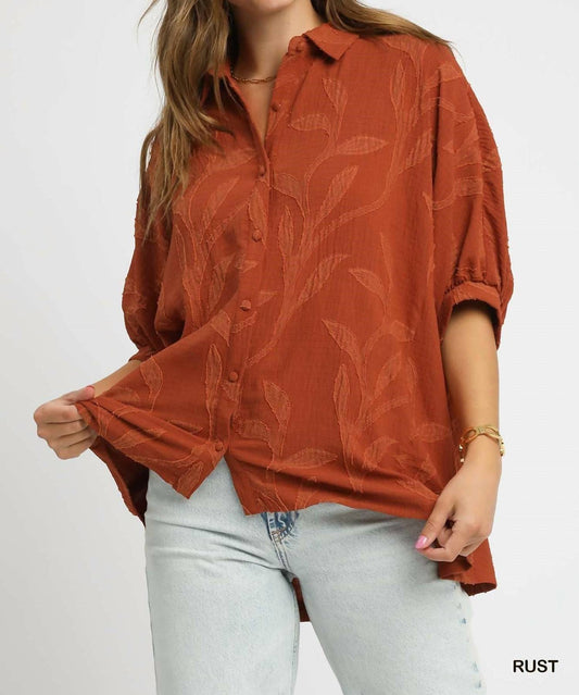 Umgee - Jacquard Textured Leaf Button-Down Blouse