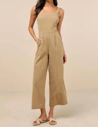 Lulus Lucky For Me Cotton Sleeveless Cropped Jumpsuit in beige - women's pants