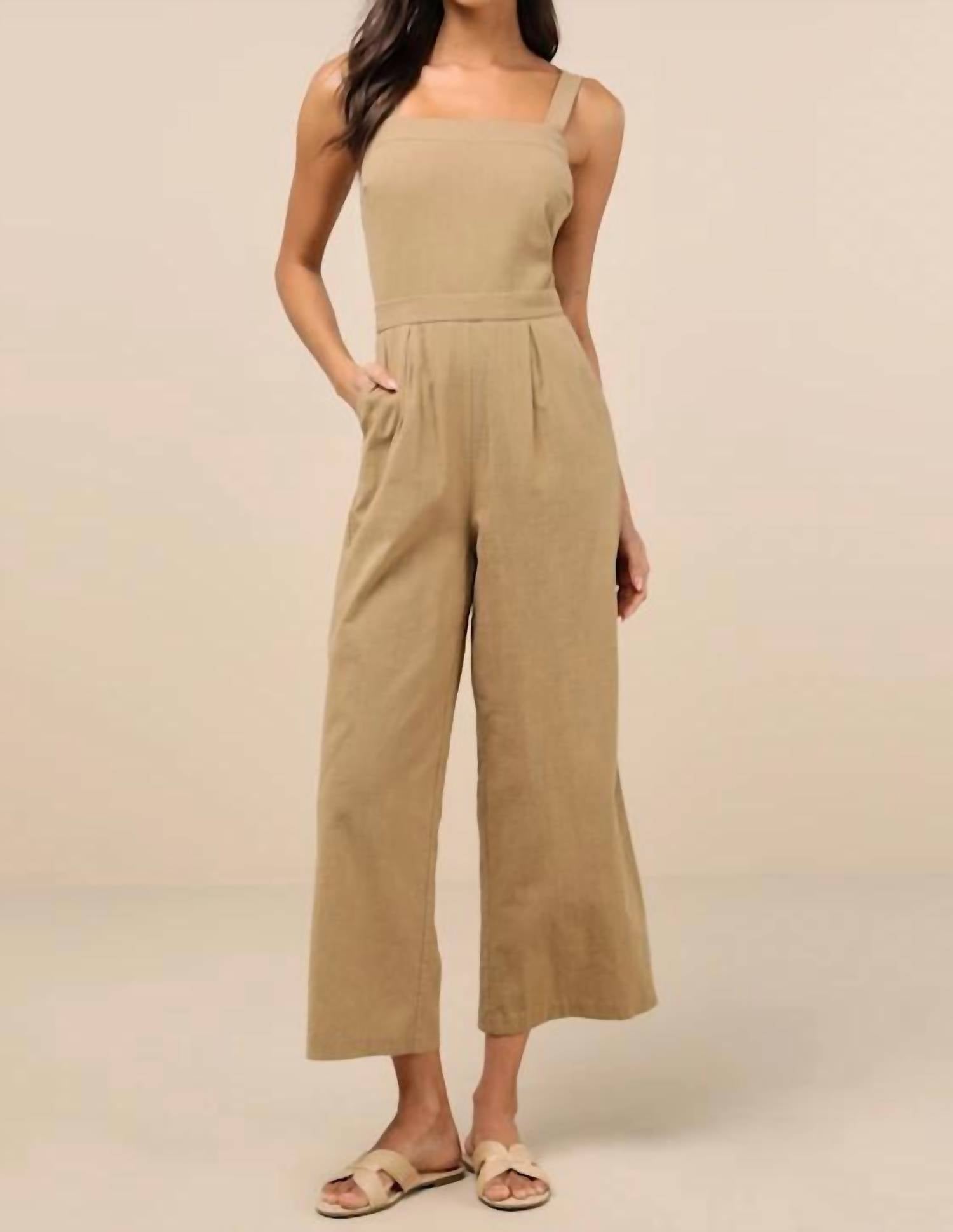 Lulus Lucky For Me Cotton Sleeveless Cropped Jumpsuit in beige - women's pants