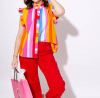 THML Color Pop Stripe Flutter Sleeve Top in sunset - women's blouse - view 7