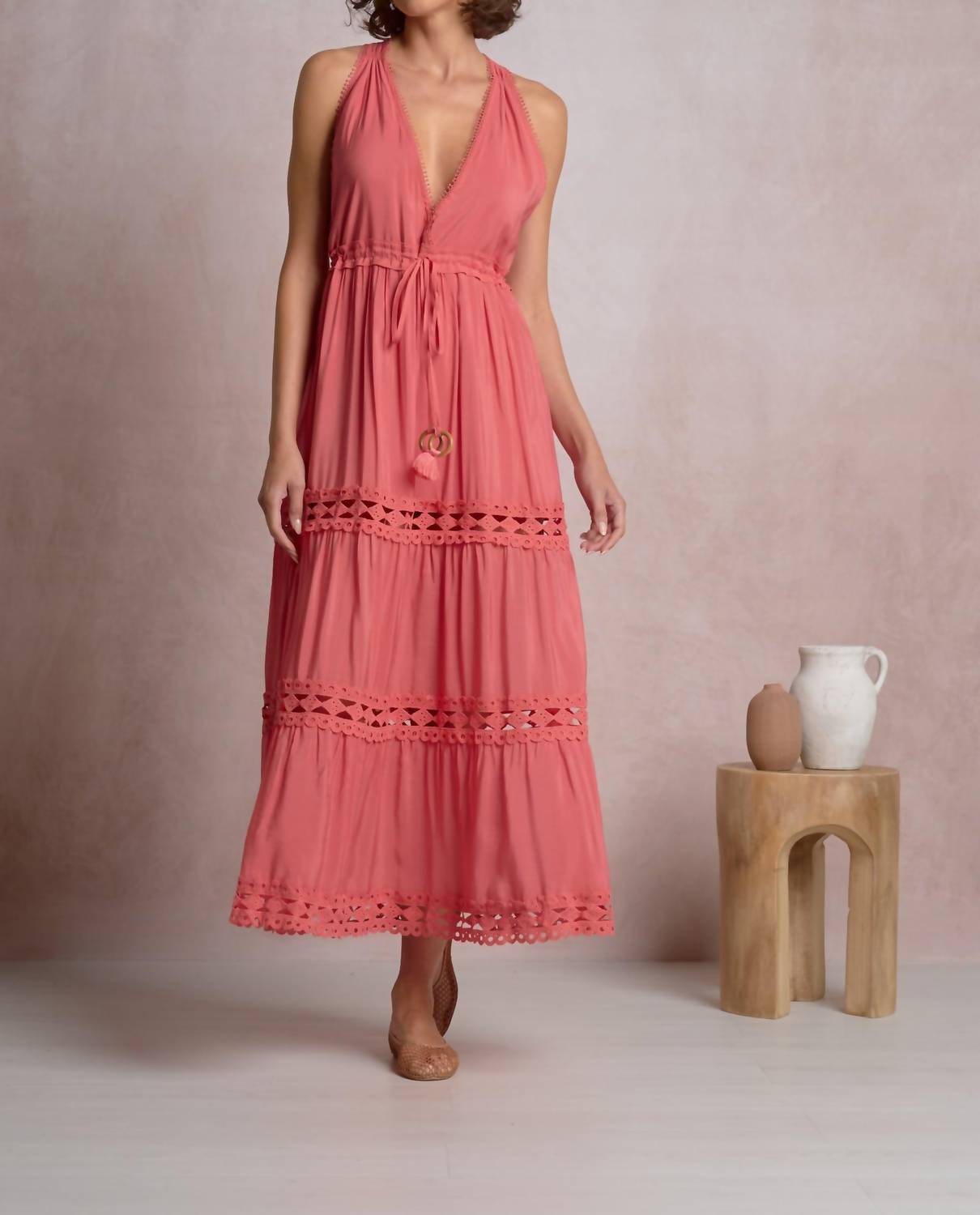 ELAN Sleeveless V-neck Lace Border Maxi Dress in pink - women's dress