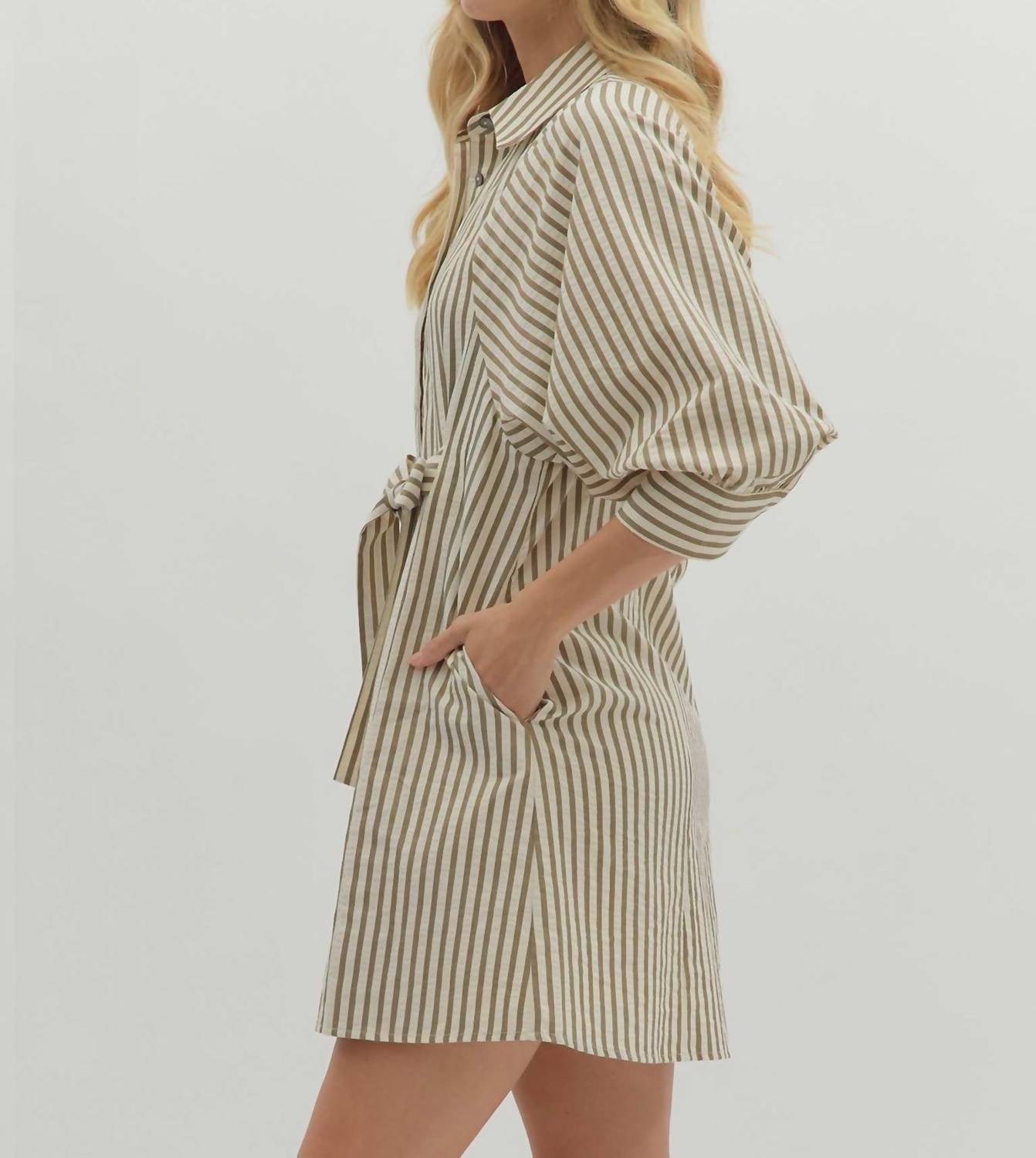 entro Striped Bow Tie Mini Shirt Dress in olive - women's dress - view 4