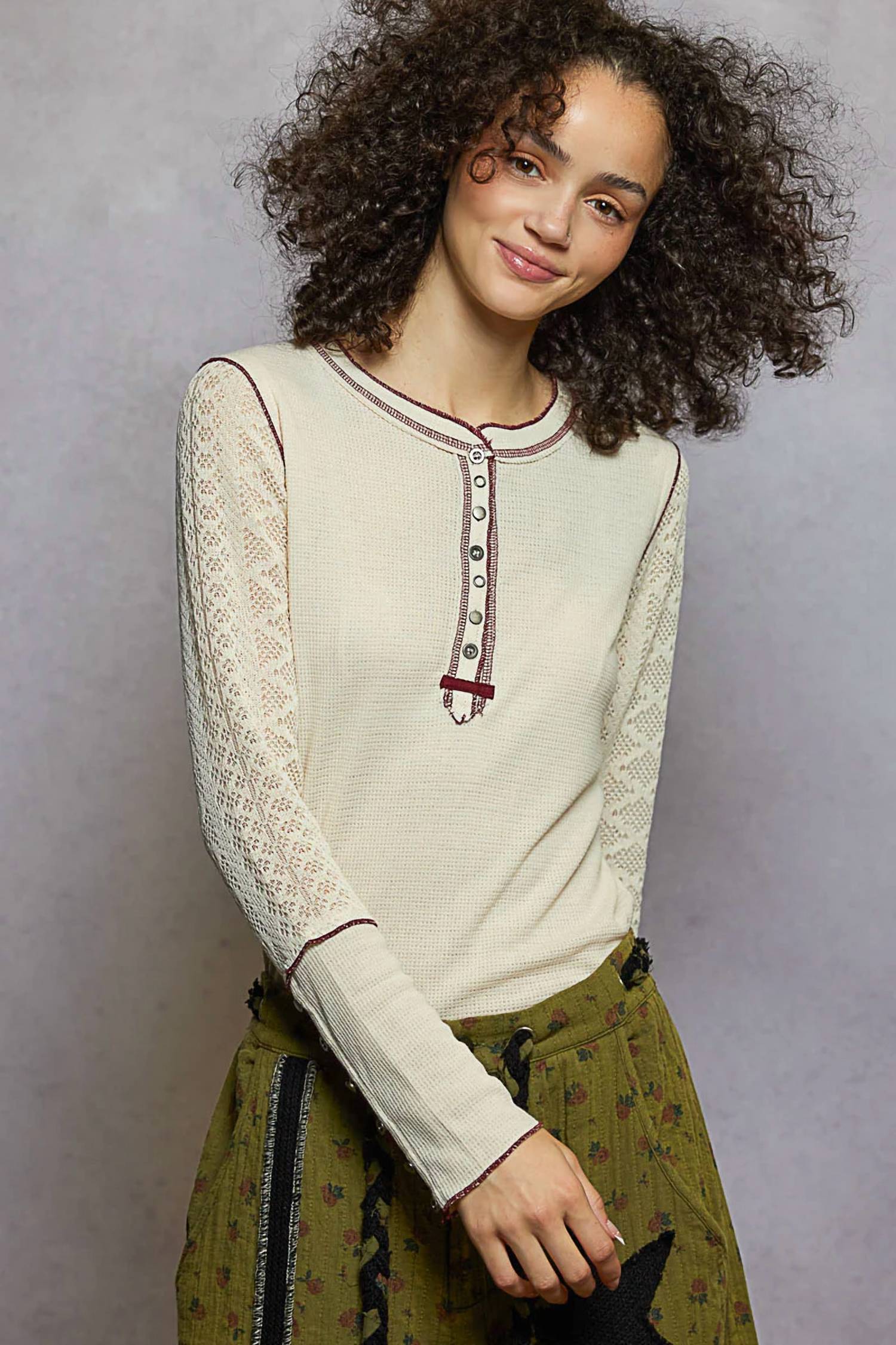 Pol - Thermal Lace Sleeve Henley Top