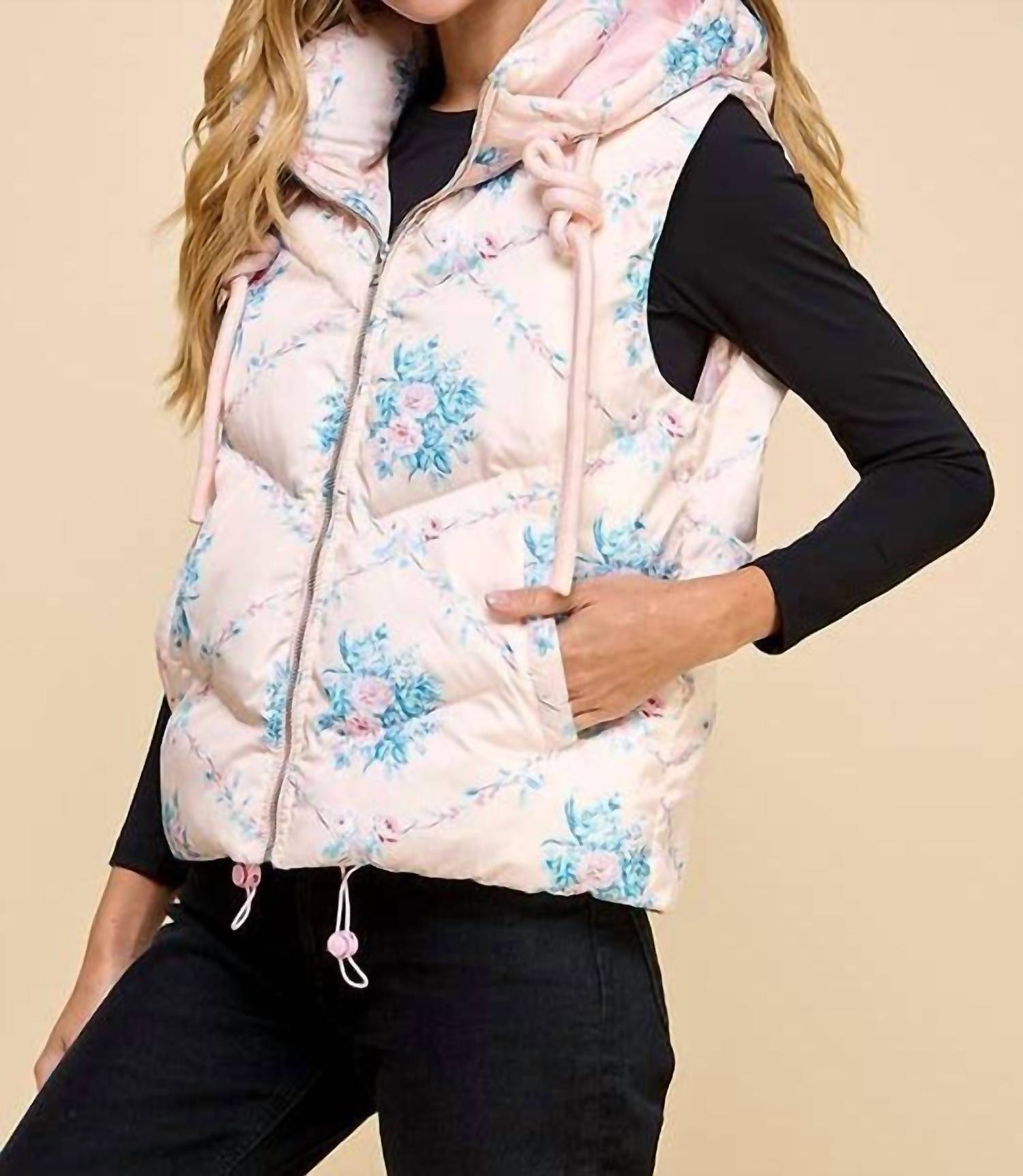 TCEC Floral Printed Vest With Hoodie in pink - women's jacket - alternate view