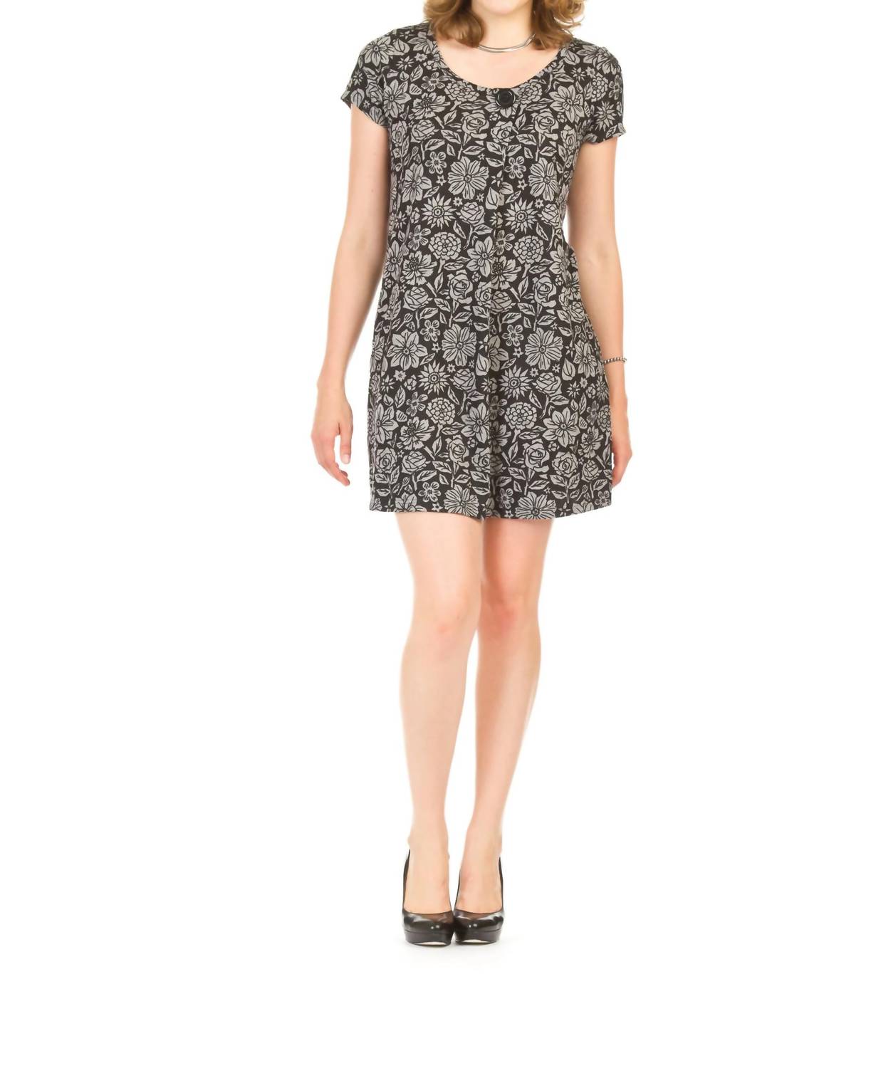 Papillon - Floral Print Pleat Front 3/4 Sleeve A Line Dress