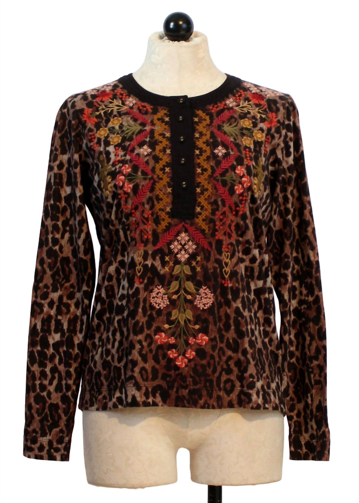 Johnny Was Women's Mixed Media Henley Shirt in brown - women's long sleeve top