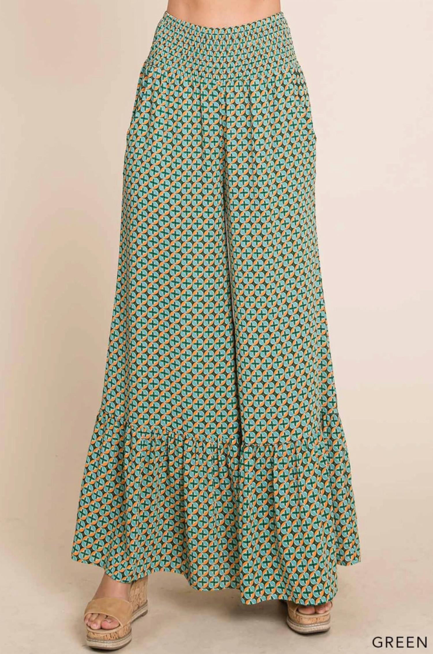 Cotton Bleu Flowy Wide Leg Pants in green mustard - women's pants - detail view