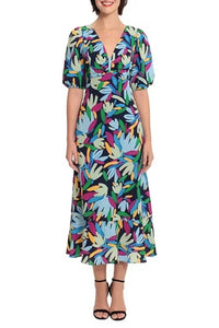 Donna Morgan - Short Sleeve Leaf Print Midi Dress