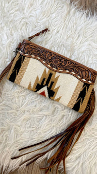 American Darling Women's Hand Tooled Saddle Blanket Crossbody Purse in tan - women's bag - detail view