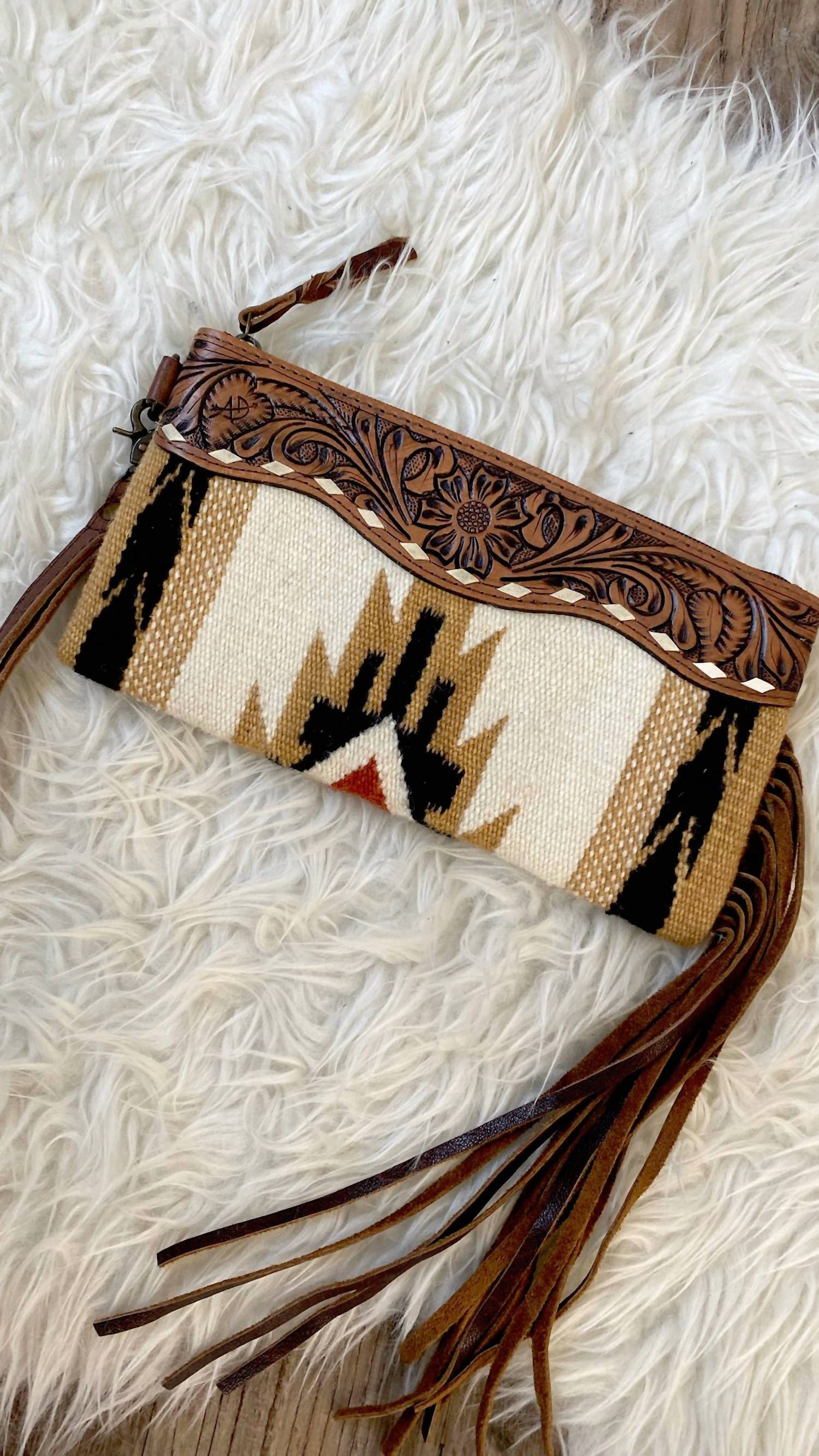 American Darling Women's Hand Tooled Saddle Blanket Crossbody Purse in tan - women's bag - detail view