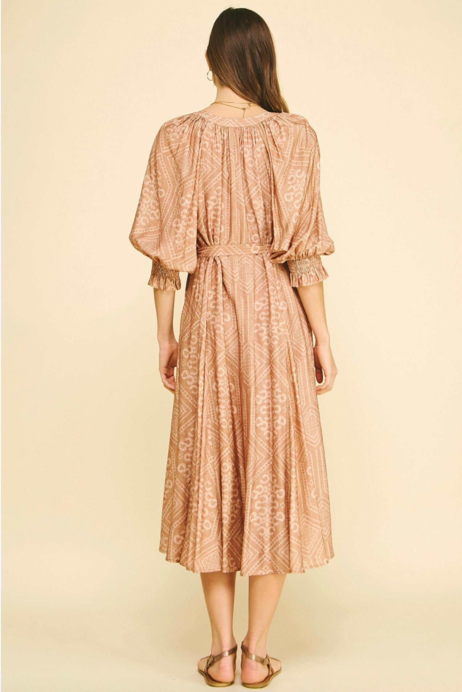 PINCH Geometric Print V-Neck Midi Dress in brown - women's dress - detail view