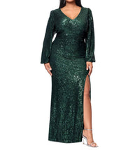 Xscape - Sequin Long-sleeve Side-slit Gown
