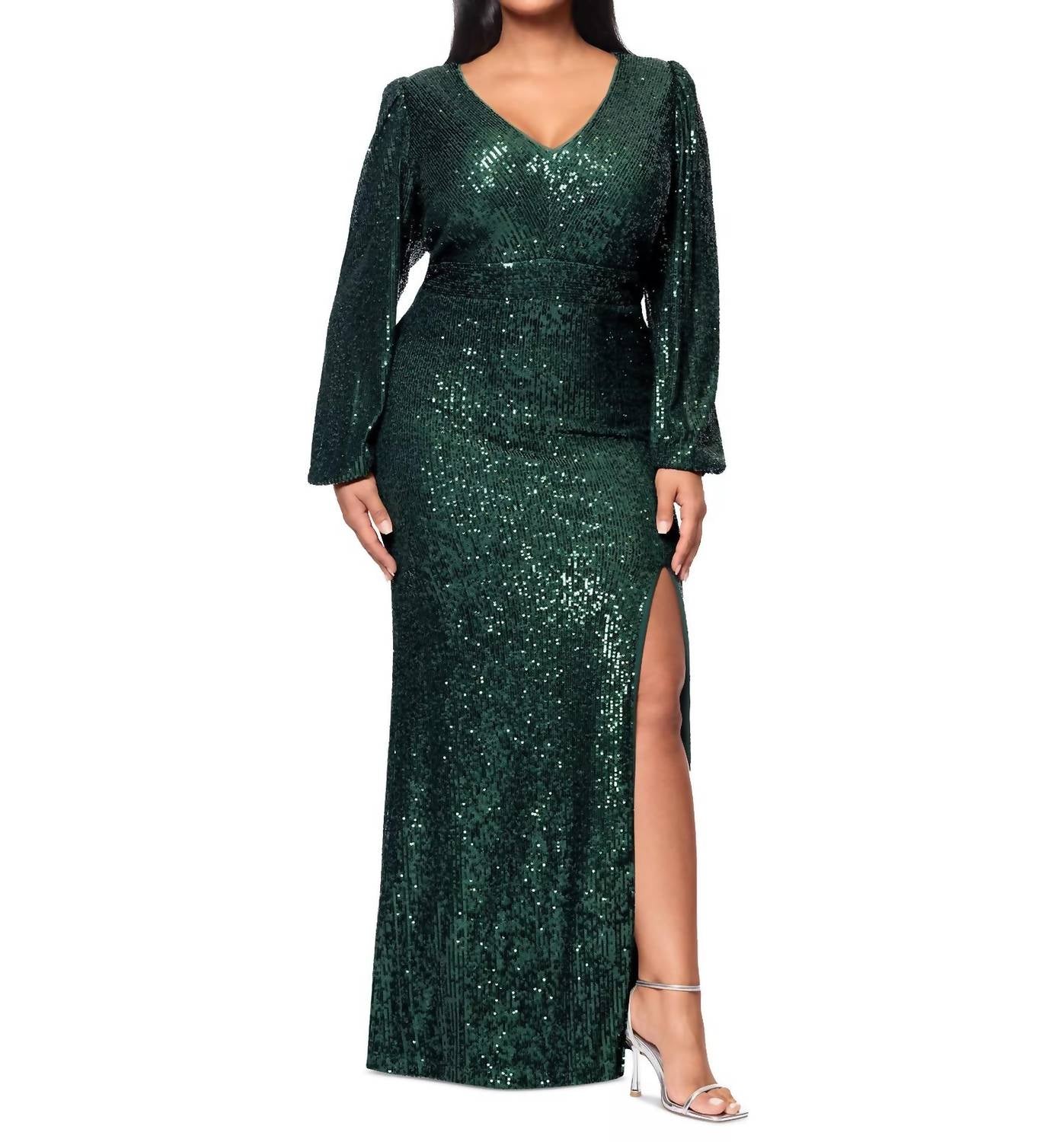 Xscape - Sequin Long-sleeve Side-slit Gown
