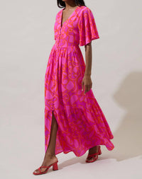 SUGARLIPS Inara Floral Evianna Button Down Flutter Maxi Dress in magenta multicolor - women's dress - detail view