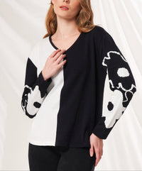 Angel Apparel Color Block And Floral Knit Top in black ivory - women's sweater