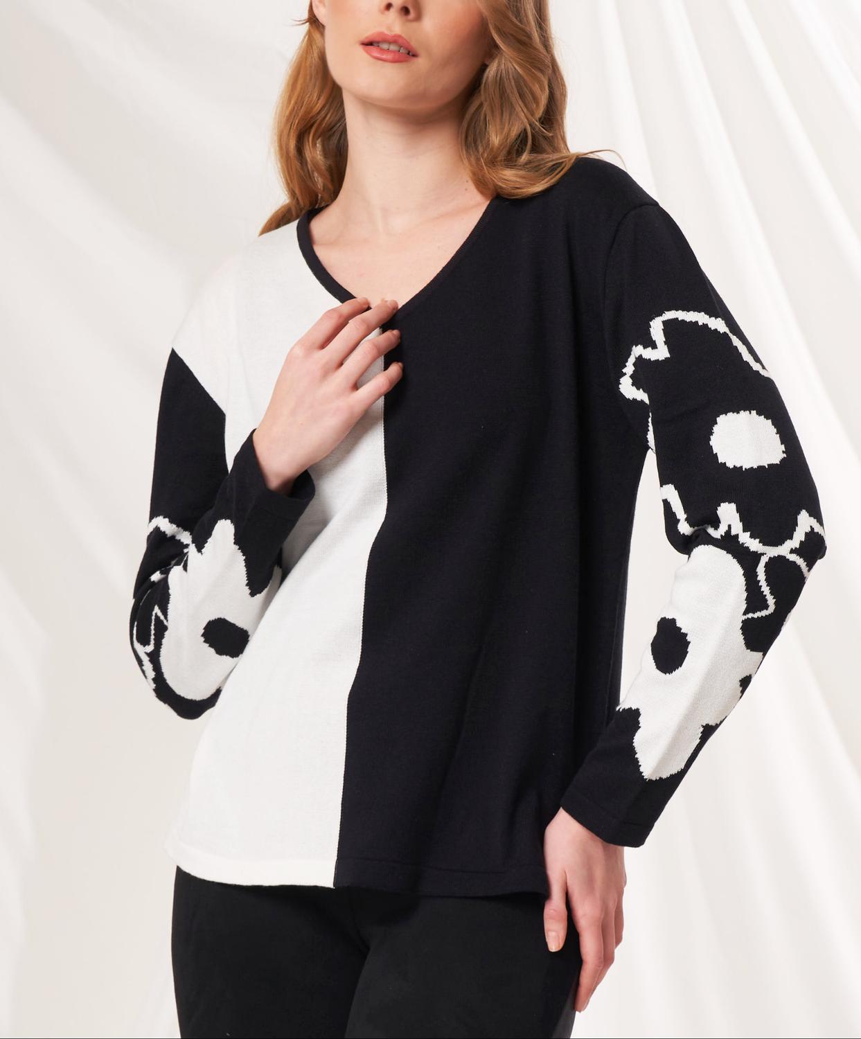 Angel Apparel Color Block And Floral Knit Top in black ivory - women's sweater