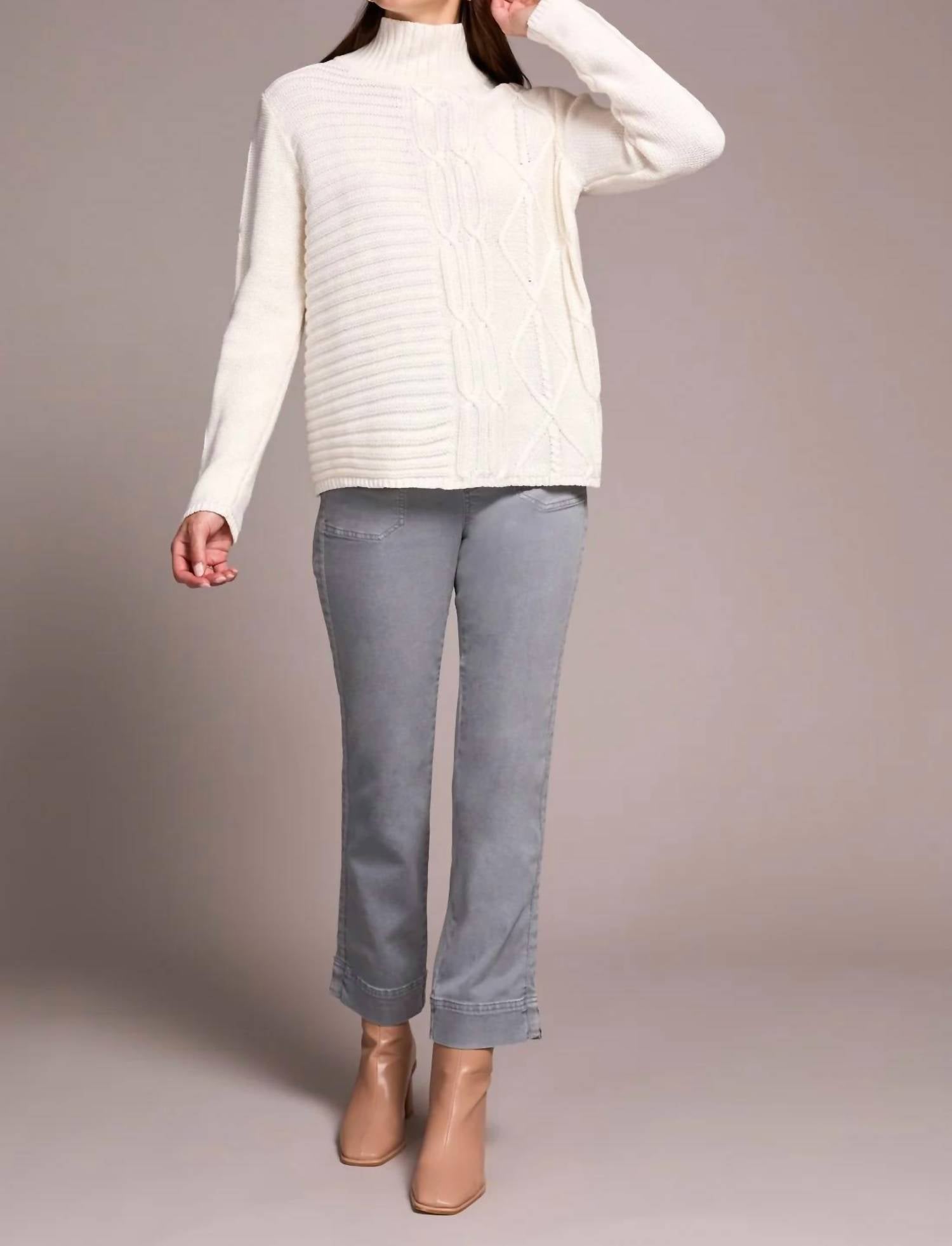 TRIBAL Vintage Washed Cable Knit Mock Neck Sweater in cream - women's sweater - detail view