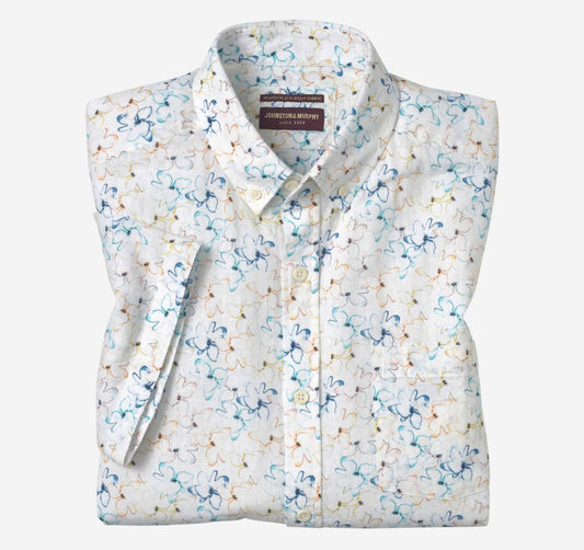 Johnston & Murphy - Men's Cotton Linen Short Sleeve Print Shirt