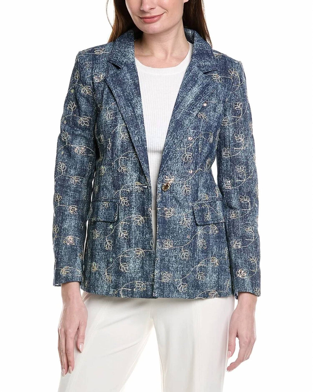 Gracia - Flower Embroidered Denim Blazer
