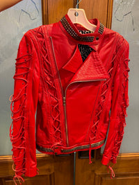 Kippys Laced Heart Leather Moto Jacket in red - women's jacket - alternate view