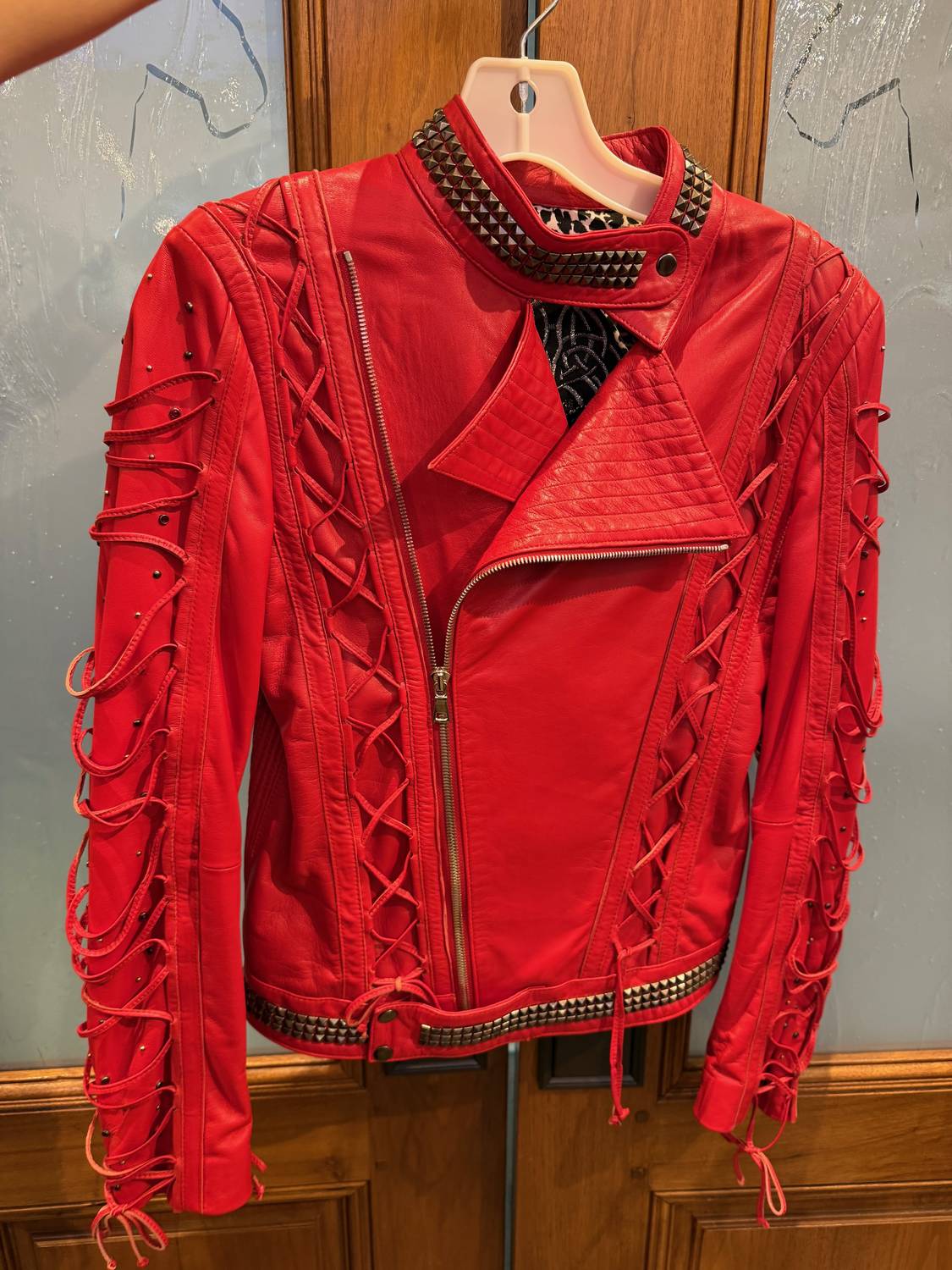 Kippys Laced Heart Leather Moto Jacket in red - women's jacket - alternate view