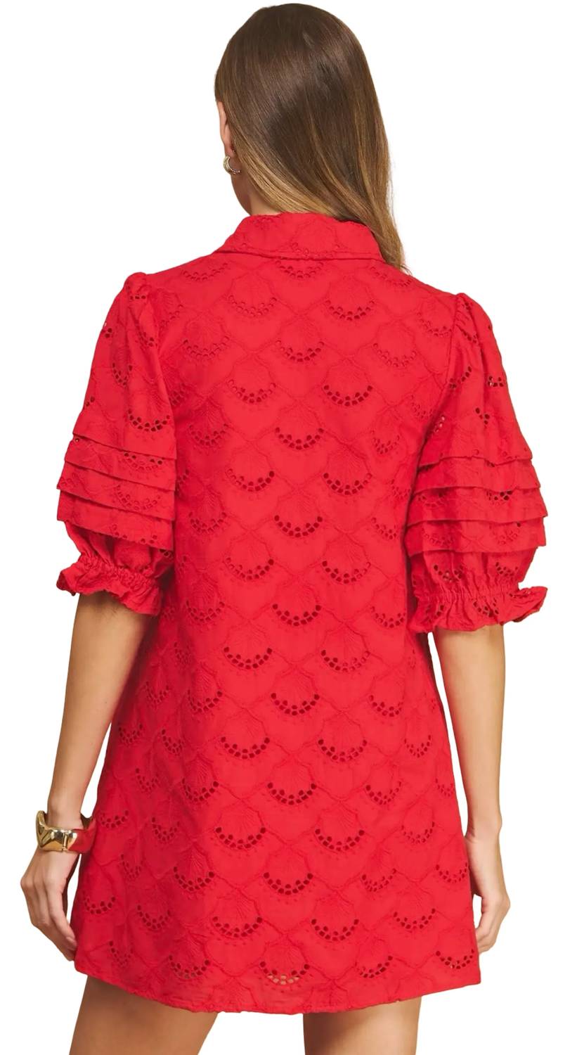 Strut & Bolt - Pintuck Scalloped Eyelet Puff Sleeve Mini Shirt Dress
