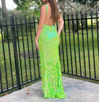 Sherri Hill Plunging Neckline Paillettes Dress in neon green - women's dress - detail view