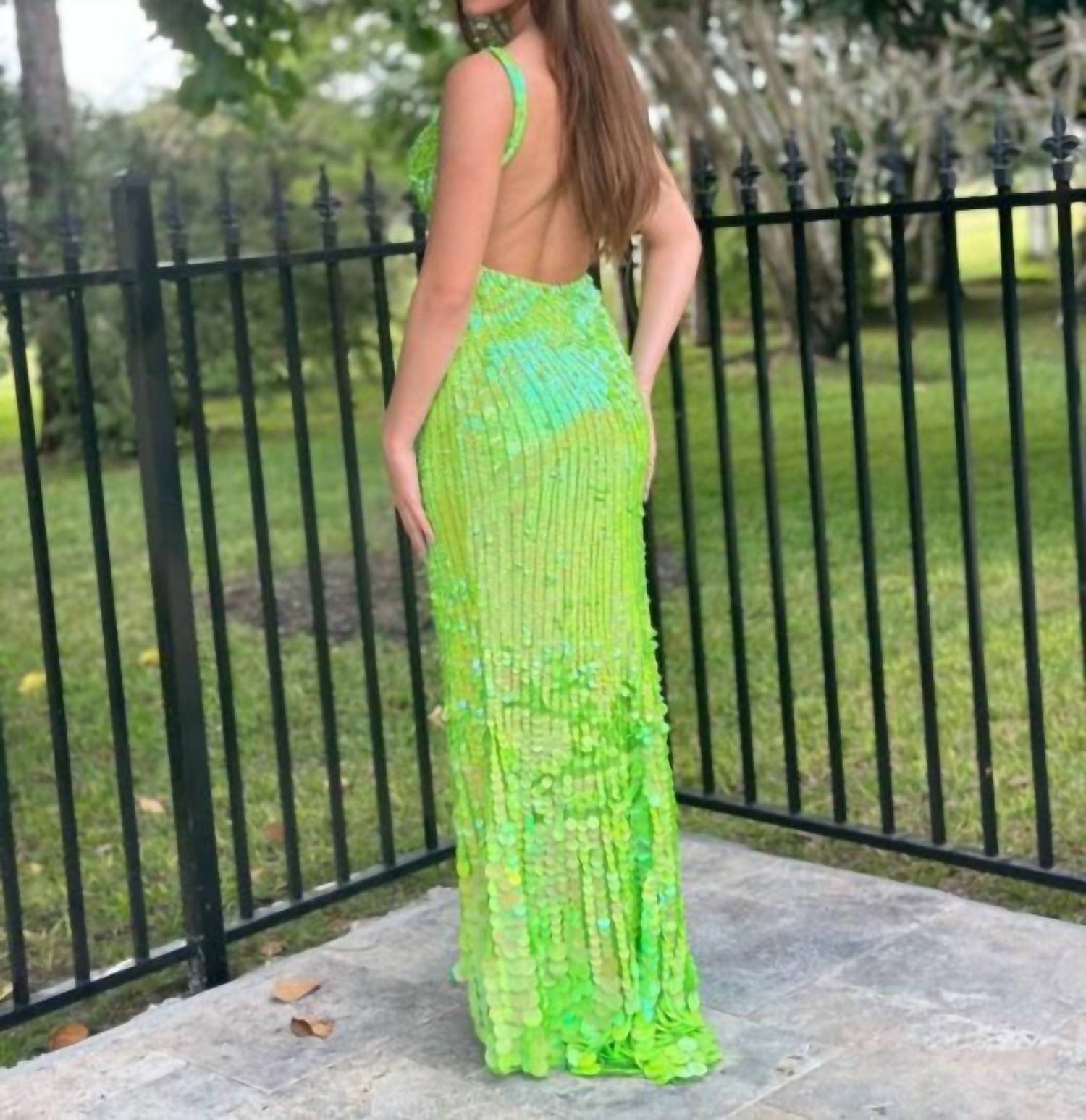 Sherri Hill Plunging Neckline Paillettes Dress in neon green - women's dress - detail view