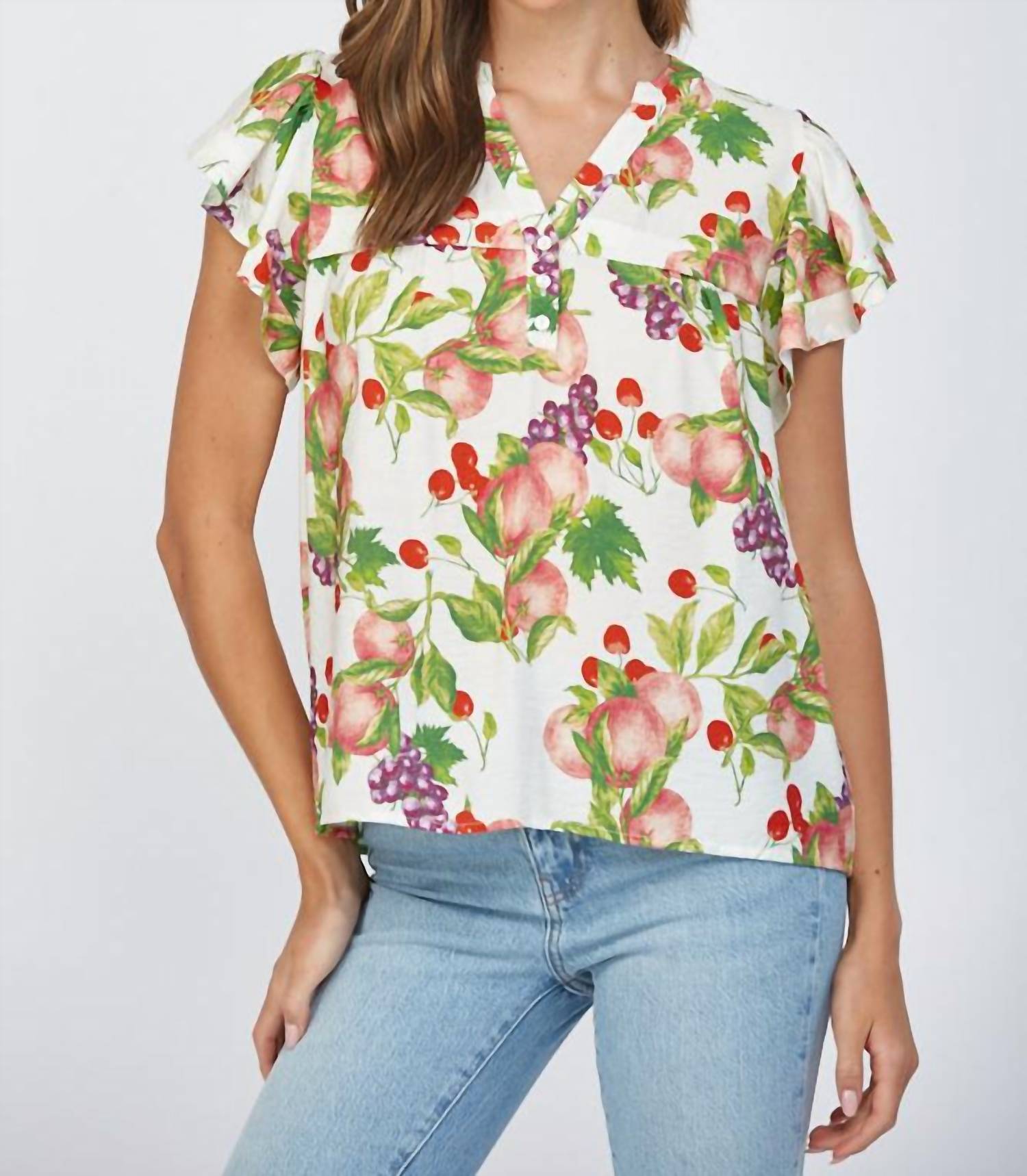 Fate Fruit Print Flutter Sleeve Split Neck Top in cream multi - women's blouse - view 4