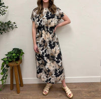 Fancy Dream Usa - Leaf Print Wide Shoulder Dress