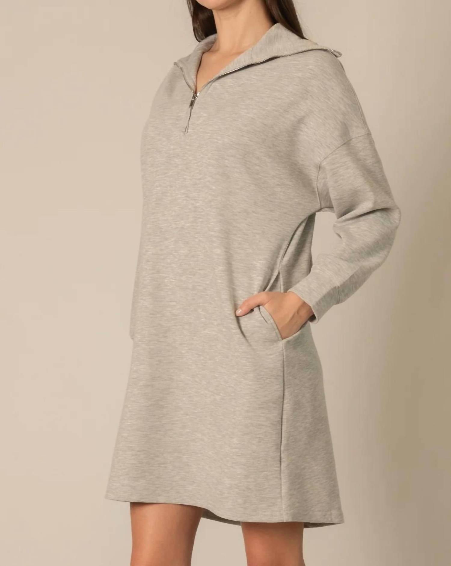 P.CILL Butter Modal Quarter Zip Long Sleeve Dress in heather grey - women's dress - detail view