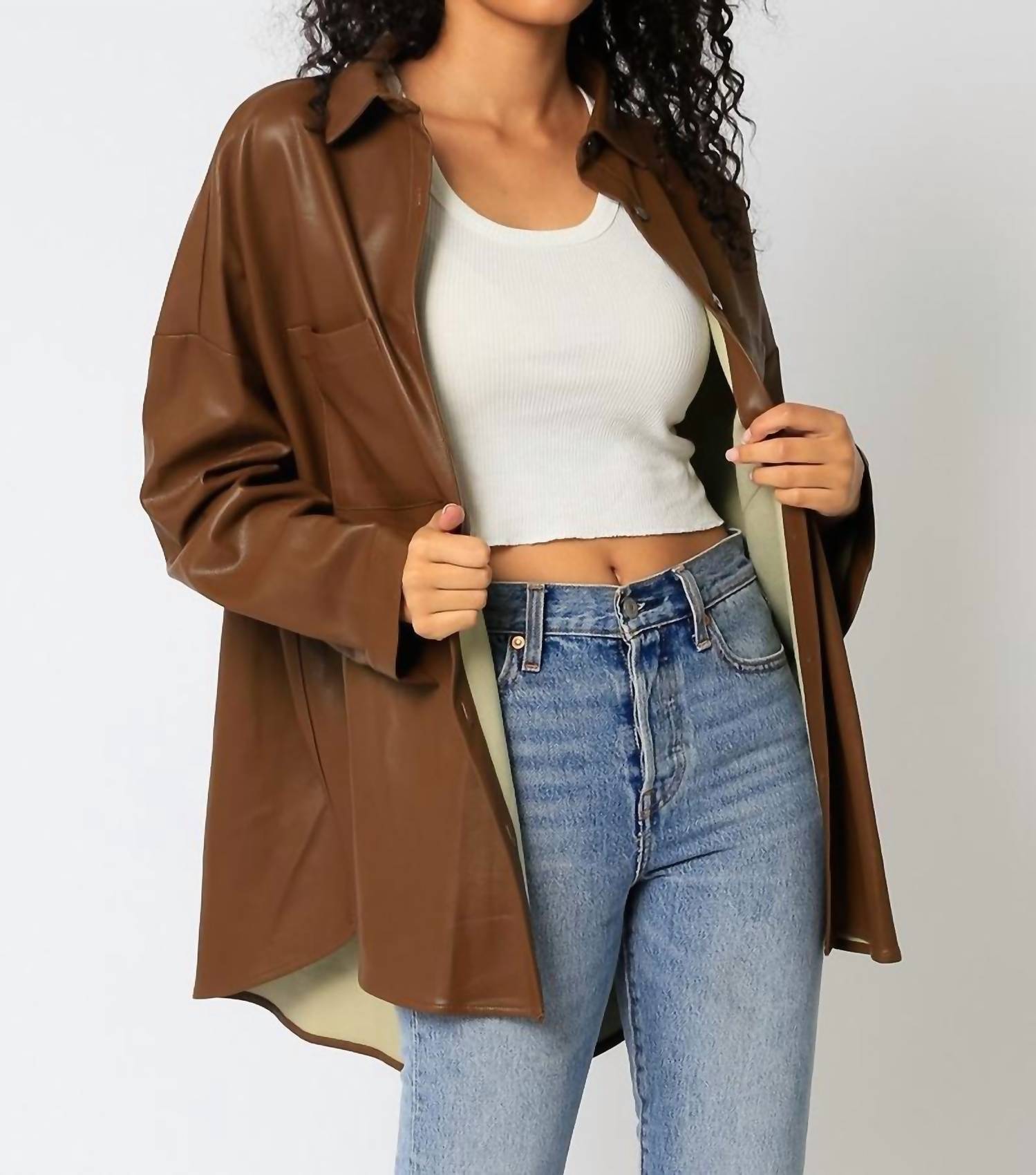Olivaceous - Faux Leather Oversized Shacket
