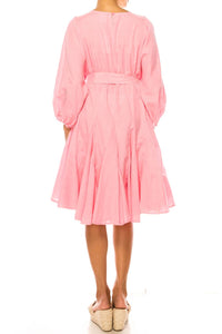 Vivid - Long Sleeve Belted Godet Skirt Flared Dress