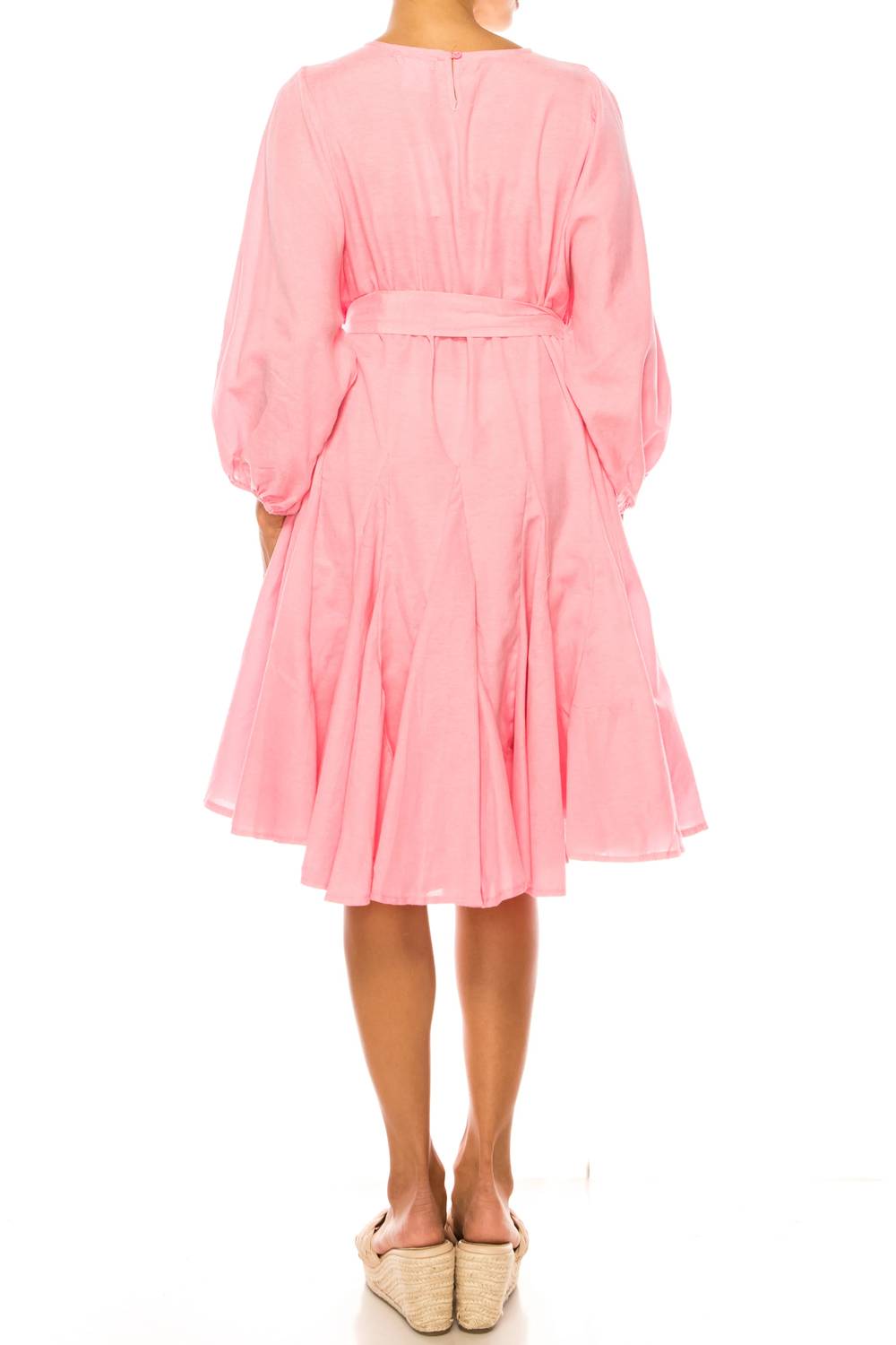 Vivid - Long Sleeve Belted Godet Skirt Flared Dress