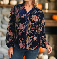 Jodifl Floral Velvet Button Down Shirt in royal blue - women's blouse