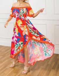 Flying Tomato - Tropical Floral Off Shoulder Hi-lo Maxi Dress