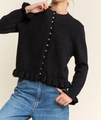 Candescent Ruffle Trim Button Up Cardigan in navy - women's cardigan - view 4