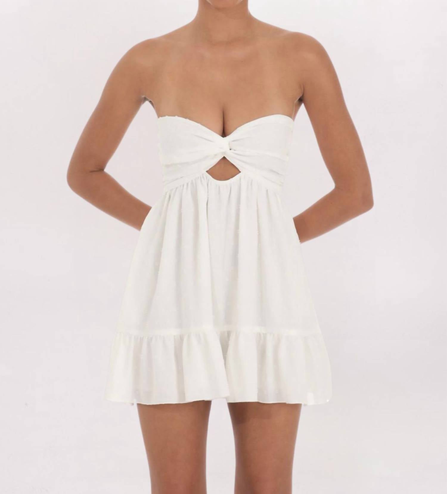 Lucy in the Sky Swiss Dot Twist Front Mini Dress in the sky swiss dot twist front mini dress in white - women's dress