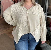 Pol - Patchwork Long Sleeve V Neck Top
