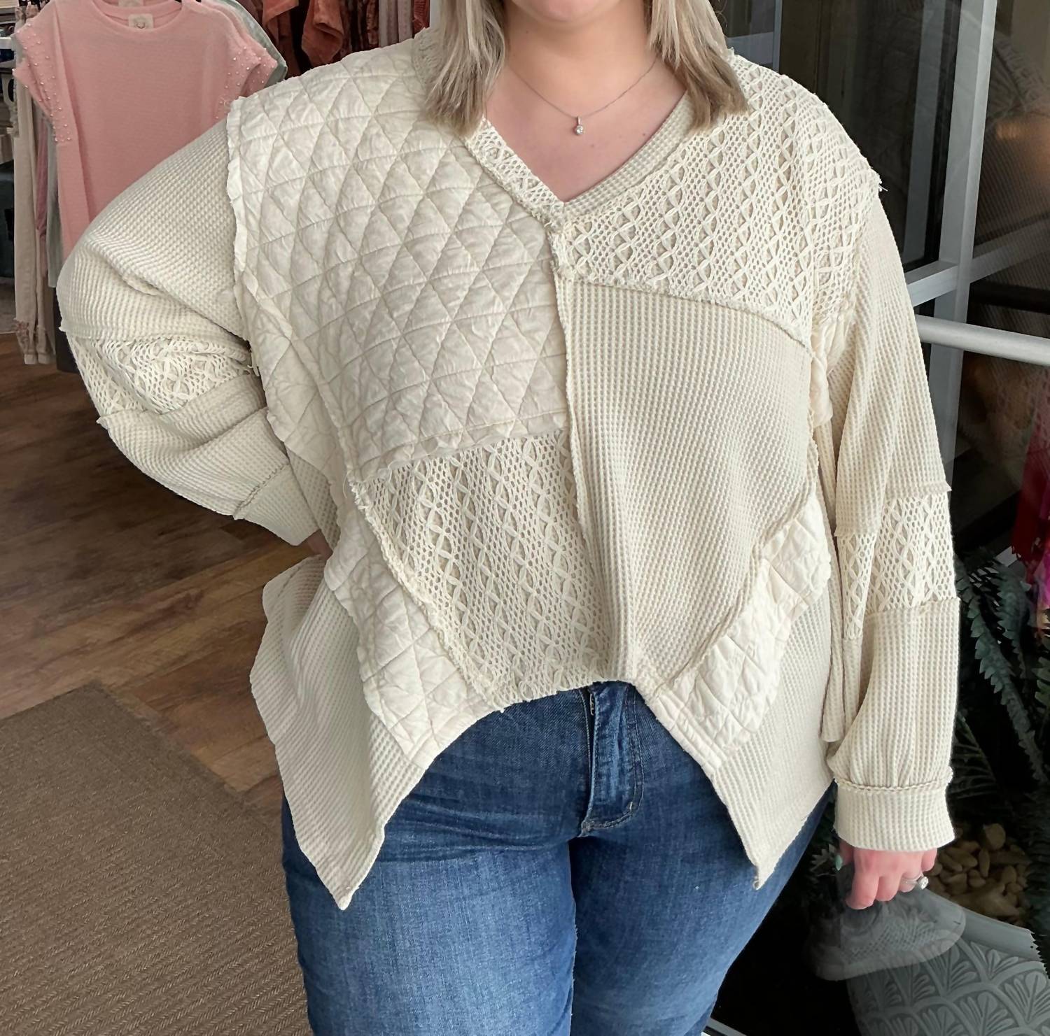 Pol - Patchwork Long Sleeve V Neck Top