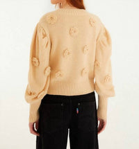 FARM RIO Crochet 3d Flower Dropped Shoulder Knit Sweater in sand - women's sweater - detail view